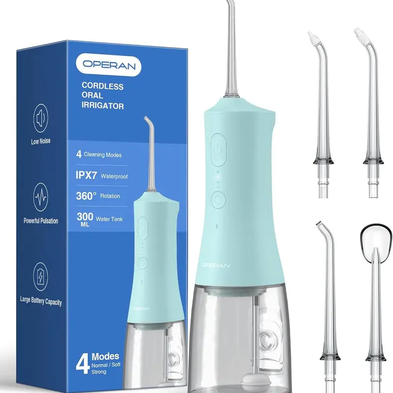 Operan Cordless Lightweight Oral Irrigator (45.5G) - 300Ml Tank, 4 Cleaning Modes, 4 Nozzles, IPX7 Waterproof, USB Rechargeable, Plaque Removal, at Home Dental Care, Deep/Health Oral Irrigators, Braces Alternative, for Home/Travel (No Batteries Needed)
