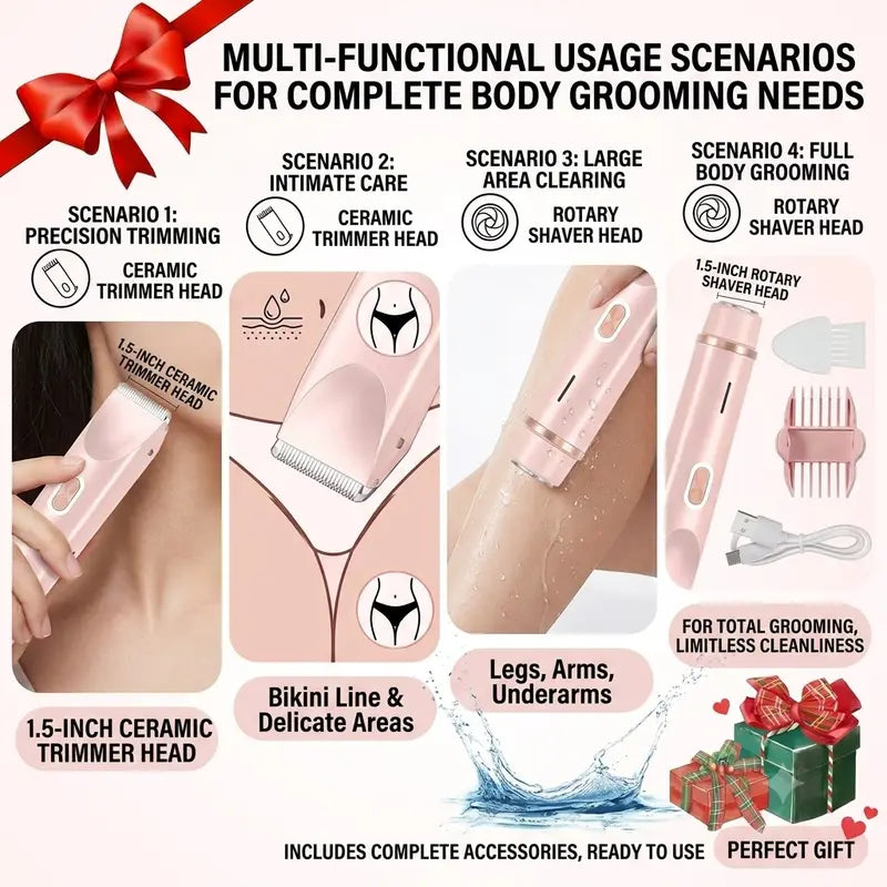 Women's 2-in-1 Cordless Bikini Trimmer and Shaver - Electric Skin-Friendly Groomer with Interchangeable Dual Heads for a Pain-Free Shave on Pubic Areas, Legs, and Faces, Ideal Summer Gift, 1 Unit