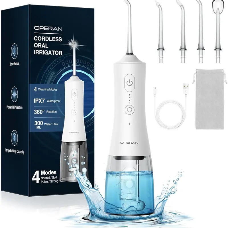 Operan Cordless Lightweight Oral Irrigator (45.5G) - 300Ml Tank, 4 Cleaning Modes, 4 Nozzles, IPX7 Waterproof, USB Rechargeable, Plaque Removal, at Home Dental Care, Deep/Health Oral Irrigators, Braces Alternative, for Home/Travel (No Batteries Needed)