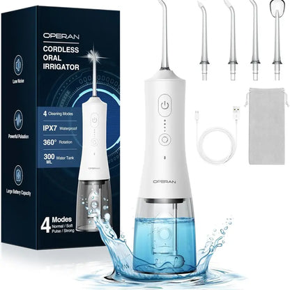 Operan Cordless Lightweight Oral Irrigator (45.5G) - 300Ml Tank, 4 Cleaning Modes, 4 Nozzles, IPX7 Waterproof, USB Rechargeable, Plaque Removal, at Home Dental Care, Deep/Health Oral Irrigators, Braces Alternative, for Home/Travel (No Batteries Needed)
