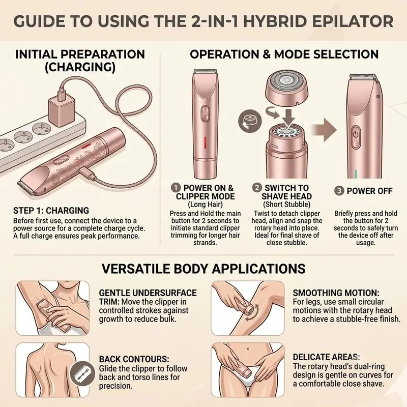 Women's 2-in-1 Cordless Bikini Trimmer and Shaver - Electric Skin-Friendly Groomer with Interchangeable Dual Heads for a Pain-Free Shave on Pubic Areas, Legs, and Faces, Ideal Summer Gift, 1 Unit