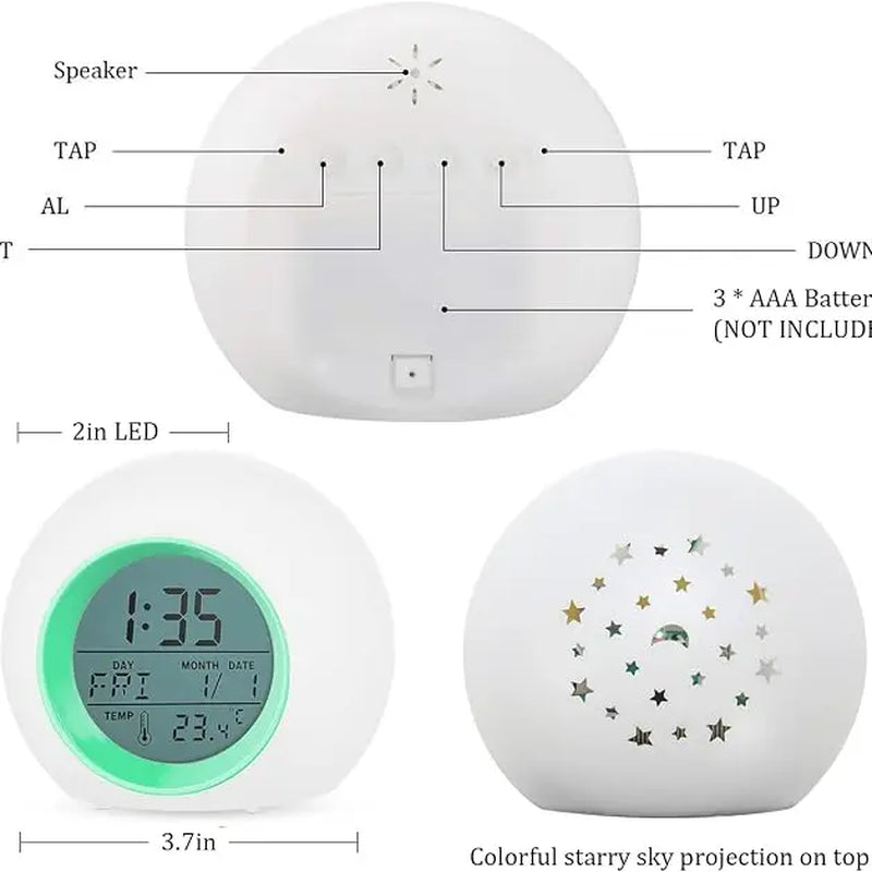 Lighted Alarm Clock with Moon & Stars Projector – 7 Colors Night Light, Snooze Feature, Temperature Display, Durable ABS Design – Perfect Room Gift!