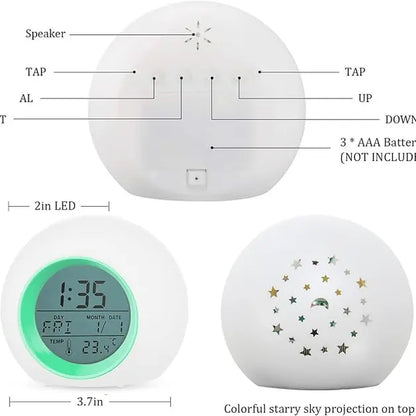 Lighted Alarm Clock with Moon & Stars Projector – 7 Colors Night Light, Snooze Feature, Temperature Display, Durable ABS Design – Perfect Room Gift!