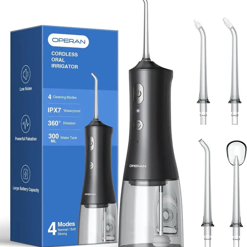 Operan Cordless Lightweight Oral Irrigator (45.5G) - 300Ml Tank, 4 Cleaning Modes, 4 Nozzles, IPX7 Waterproof, USB Rechargeable, Plaque Removal, at Home Dental Care, Deep/Health Oral Irrigators, Braces Alternative, for Home/Travel (No Batteries Needed)
