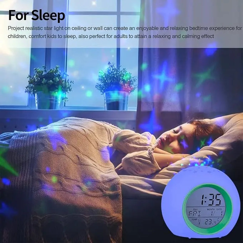 Lighted Alarm Clock with Moon & Stars Projector – 7 Colors Night Light, Snooze Feature, Temperature Display, Durable ABS Design – Perfect Room Gift!