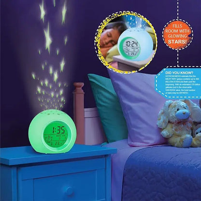 Lighted Alarm Clock with Moon & Stars Projector – 7 Colors Night Light, Snooze Feature, Temperature Display, Durable ABS Design – Perfect Room Gift!