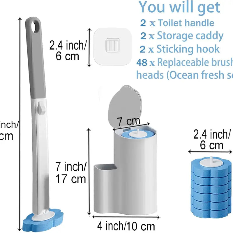 Professional Disposable Toilet Brush and Holder Set with Long Handle, Durable ABS Design, Eco-Friendly 3-Layer Detergent Refills, Ocean Fresh Scent, Includes 2 Sets and 48 Refills for Comprehensive Bathroom Cleaning