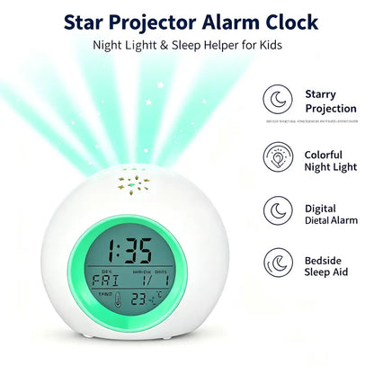 Lighted Alarm Clock with Moon & Stars Projector – 7 Colors Night Light, Snooze Feature, Temperature Display, Durable ABS Design – Perfect Room Gift!