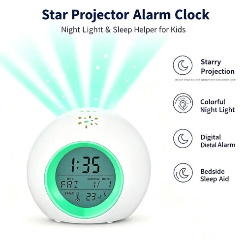 Lighted Alarm Clock with Moon & Stars Projector – 7 Colors Night Light, Snooze Feature, Temperature Display, Durable ABS Design – Perfect Room Gift!