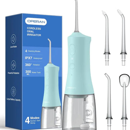 Operan Cordless Lightweight Oral Irrigator (45.5G) - 300Ml Tank, 4 Cleaning Modes, 4 Nozzles, IPX7 Waterproof, USB Rechargeable, Plaque Removal, at Home Dental Care, Deep/Health Oral Irrigators, Braces Alternative, for Home/Travel (No Batteries Needed)