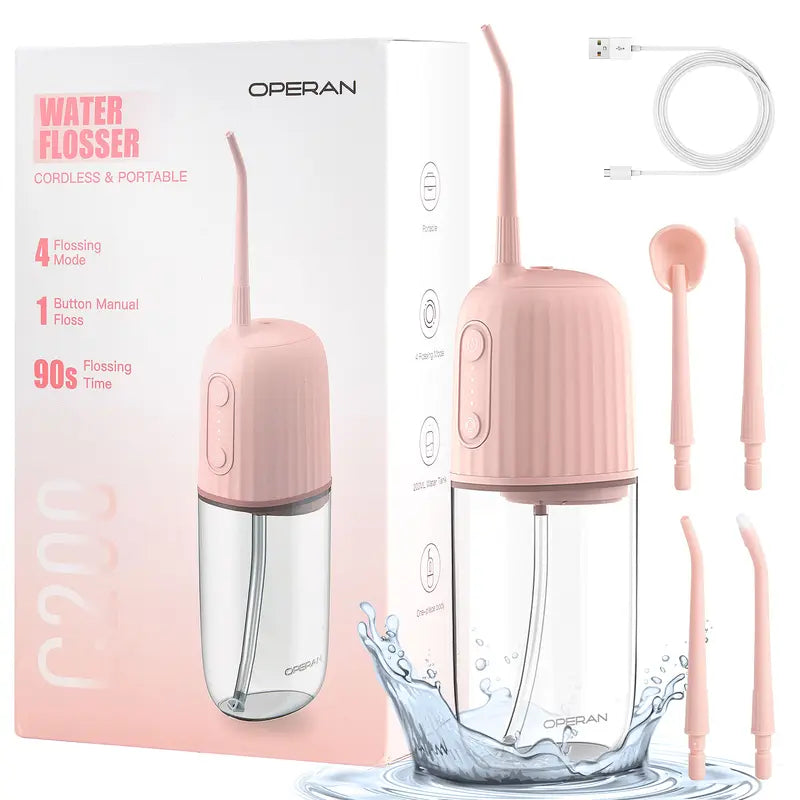 Operan Cordless Lightweight Oral Irrigator (45.5G) - 300Ml Tank, 4 Cleaning Modes, 4 Nozzles, IPX7 Waterproof, USB Rechargeable, Plaque Removal, at Home Dental Care, Deep/Health Oral Irrigators, Braces Alternative, for Home/Travel (No Batteries Needed)