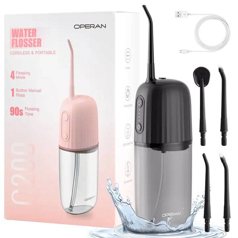 Operan Cordless Lightweight Oral Irrigator (45.5G) - 300Ml Tank, 4 Cleaning Modes, 4 Nozzles, IPX7 Waterproof, USB Rechargeable, Plaque Removal, at Home Dental Care, Deep/Health Oral Irrigators, Braces Alternative, for Home/Travel (No Batteries Needed)