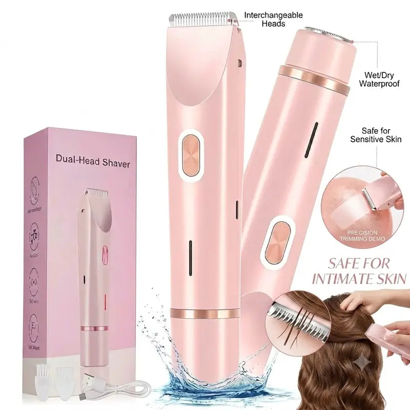Women's 2-in-1 Cordless Bikini Trimmer and Shaver - Electric Skin-Friendly Groomer with Interchangeable Dual Heads for a Pain-Free Shave on Pubic Areas, Legs, and Faces, Ideal Summer Gift, 1 Unit