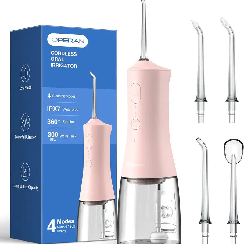 Operan Cordless Lightweight Oral Irrigator (45.5G) - 300Ml Tank, 4 Cleaning Modes, 4 Nozzles, IPX7 Waterproof, USB Rechargeable, Plaque Removal, at Home Dental Care, Deep/Health Oral Irrigators, Braces Alternative, for Home/Travel (No Batteries Needed)