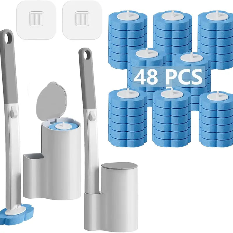 Professional Disposable Toilet Brush and Holder Set with Long Handle, Durable ABS Design, Eco-Friendly 3-Layer Detergent Refills, Ocean Fresh Scent, Includes 2 Sets and 48 Refills for Comprehensive Bathroom Cleaning