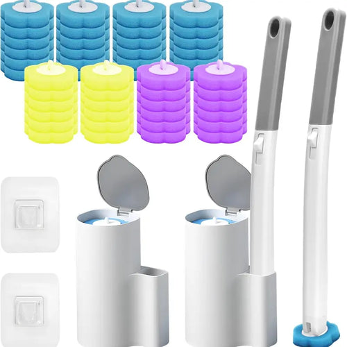 Professional Disposable Toilet Brush and Holder Set with Long Handle, Durable ABS Design, Eco-Friendly 3-Layer Detergent Refills, Ocean Fresh Scent, Includes 2 Sets and 48 Refills for Comprehensive Bathroom Cleaning