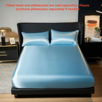 Solid Color Satin Bedding - Soft Breathable Fitted Sheet or Set of 2 Pillowcases (No Filling) - Luxurious Bed Linens for Home Bedroom