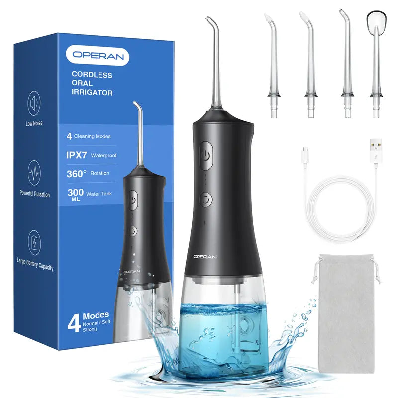 Operan Cordless Lightweight Oral Irrigator (45.5G) - 300Ml Tank, 4 Cleaning Modes, 4 Nozzles, IPX7 Waterproof, USB Rechargeable, Plaque Removal, at Home Dental Care, Deep/Health Oral Irrigators, Braces Alternative, for Home/Travel (No Batteries Needed)